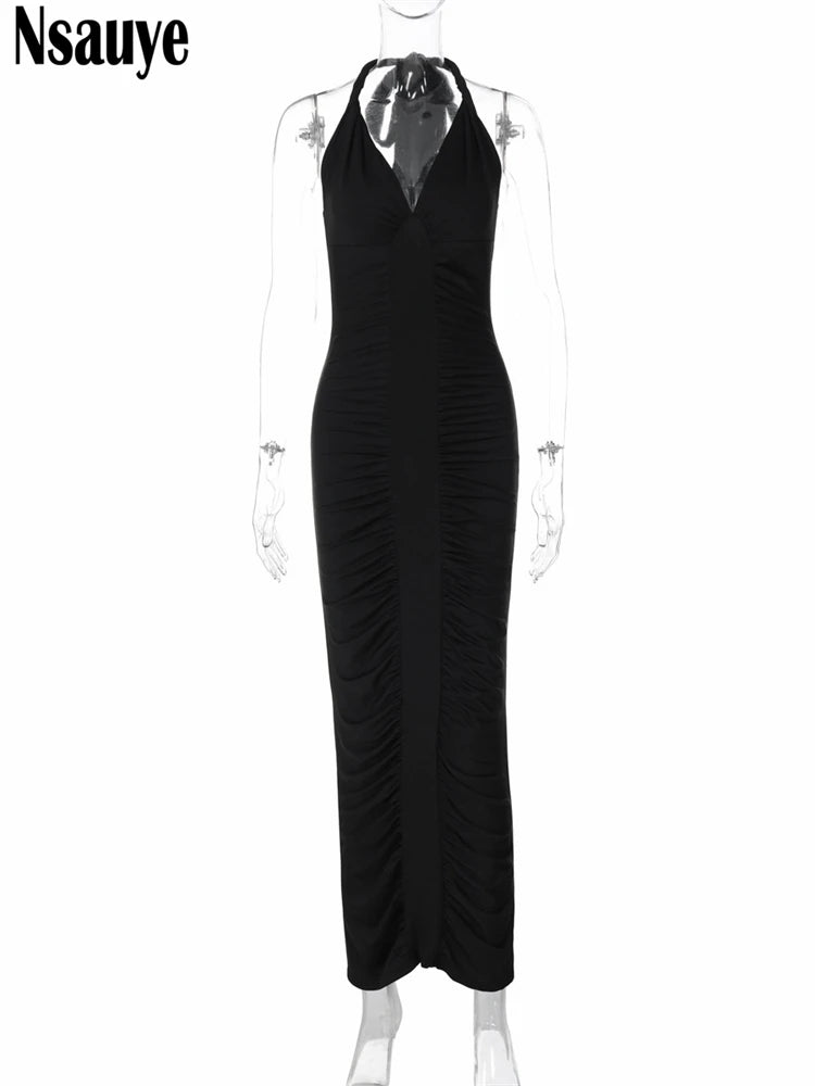 Nsauye Pullover Women Chic Sexy Halter Party Dress Elegant Long Low Cut Out Evening Party Holiday Fashion Ruched Dress Outfits