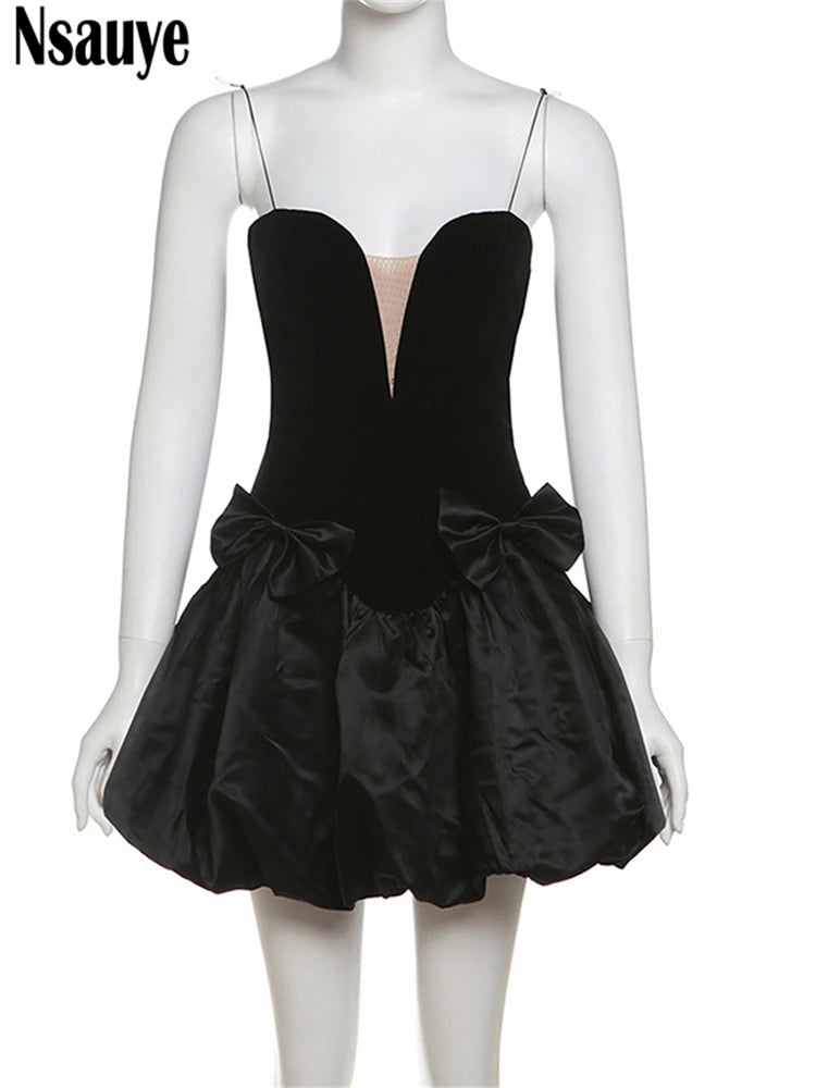 Nsauye Chic Women New Fashion Black Satin Sexy Club Velvet Elegant Retro Dress Bud Mini A-Line Evening Party Summer Dress 2025