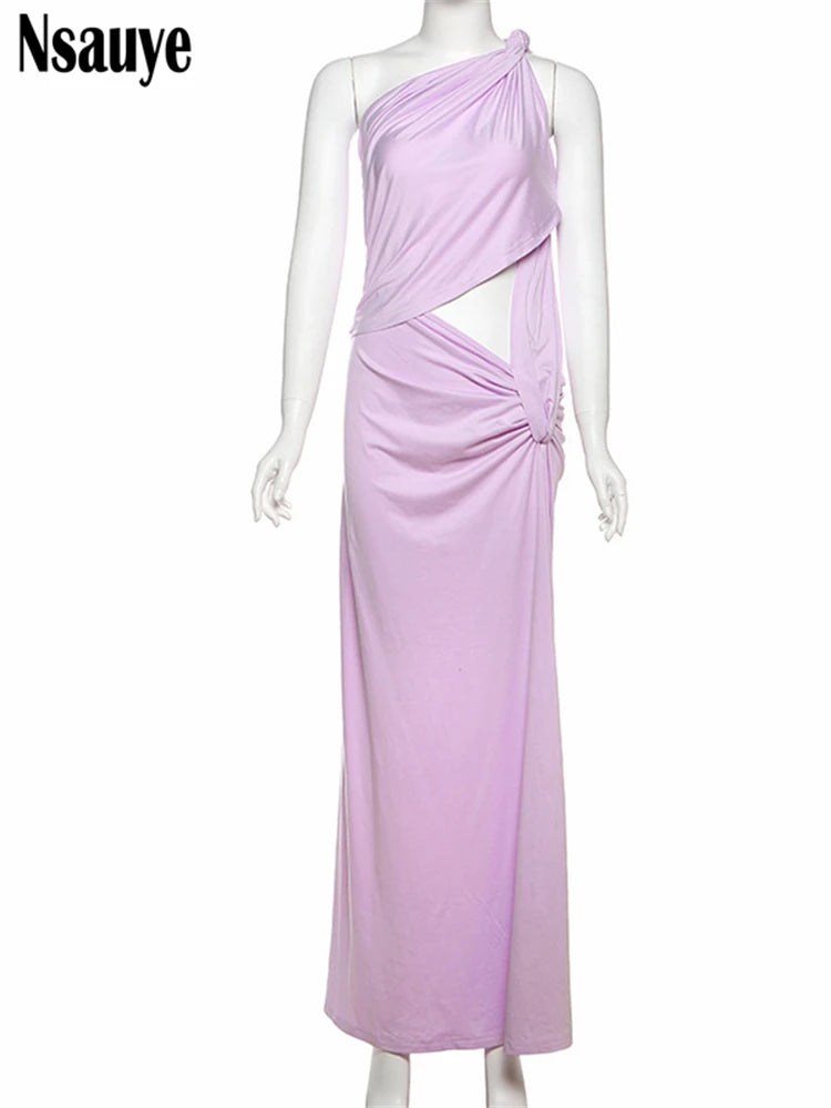 Nsauye 2025 Summer New Sleeveless One Shoulder Cut Out Slim Maxi Dress Club Party Women Elegant Formal Evening Long Dresses
