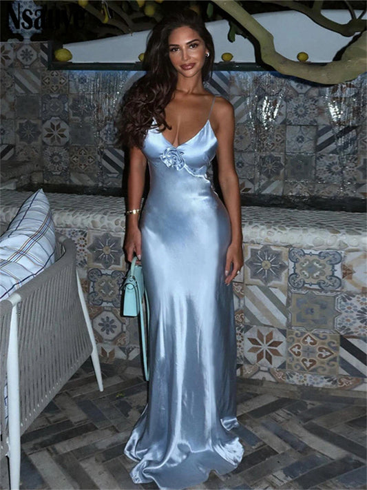 Nsauye Women Sexy V Neck Elegant Fashion Long Night Club Satin Party Dress Evening Maxi Flower Summer Maxi Sleeveless Dress 2025