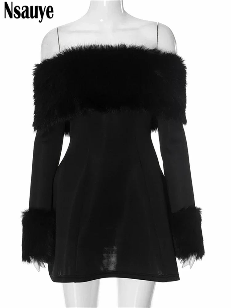 Nsauye Women Clothes Chic Fashion Sleeveless Faux Fur Sexy Black Club Evening Party Dress Long Sleeve Holiday Mini Elegant Dress