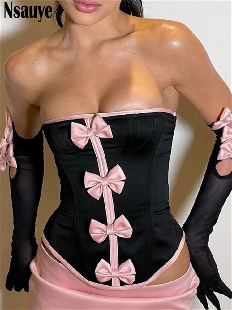 Nsauye Kawaii Lace Up Women Pink Sexy Club Dress Skirt Set Summer Cute Y2K Corset Crop Tops Mini Wrap Satin Skirt Two Piece Set