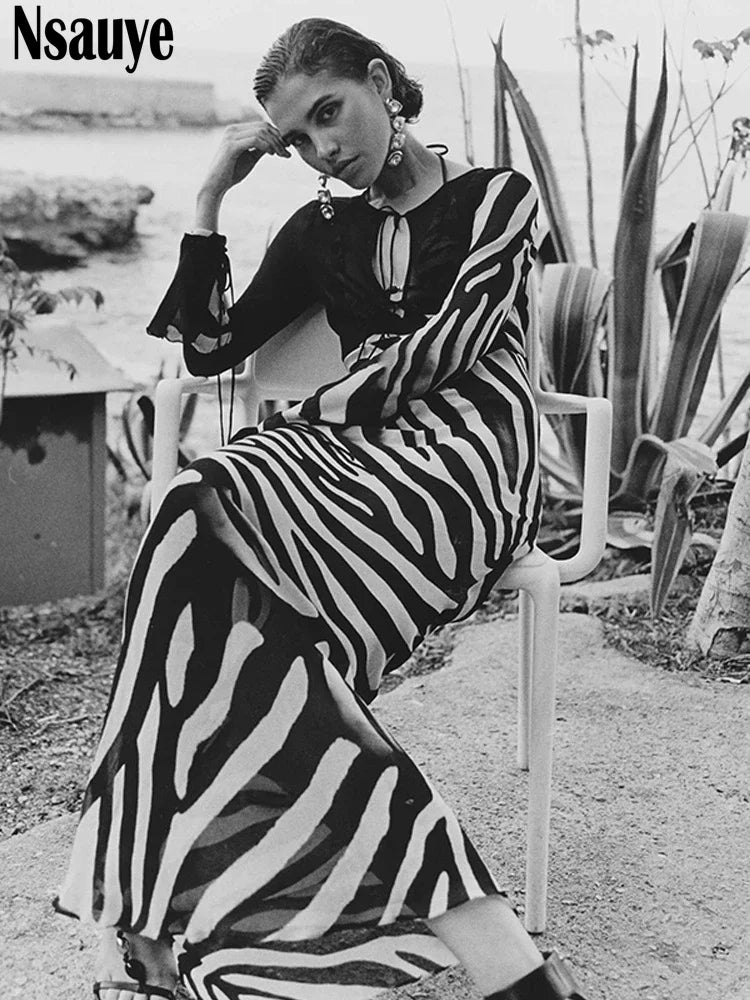 Nsauye Sexy Long Sleeve Women Maxi Birthday Party Festival Club Evening Dress Zebra Pattern Elegant Fashion Summer Dress 2024