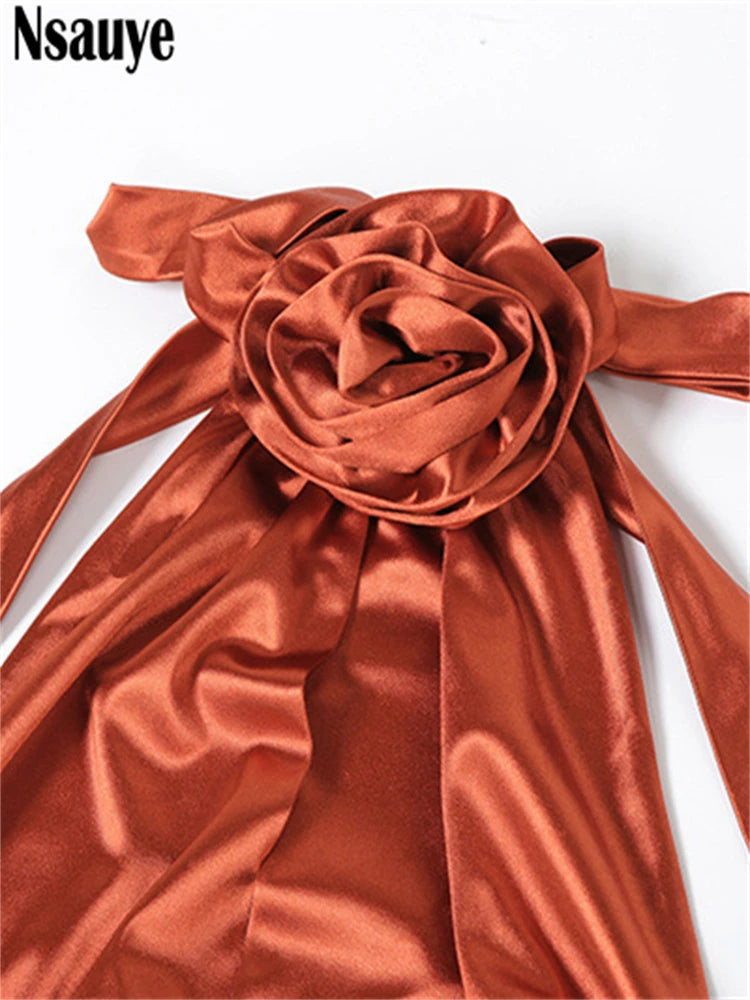 Nsauye Evening Dress Long Halter New Fashion Flowers Satin Maxi Bodycon Backless 2025 Elegant Sexy Club Party Dress Women Summer