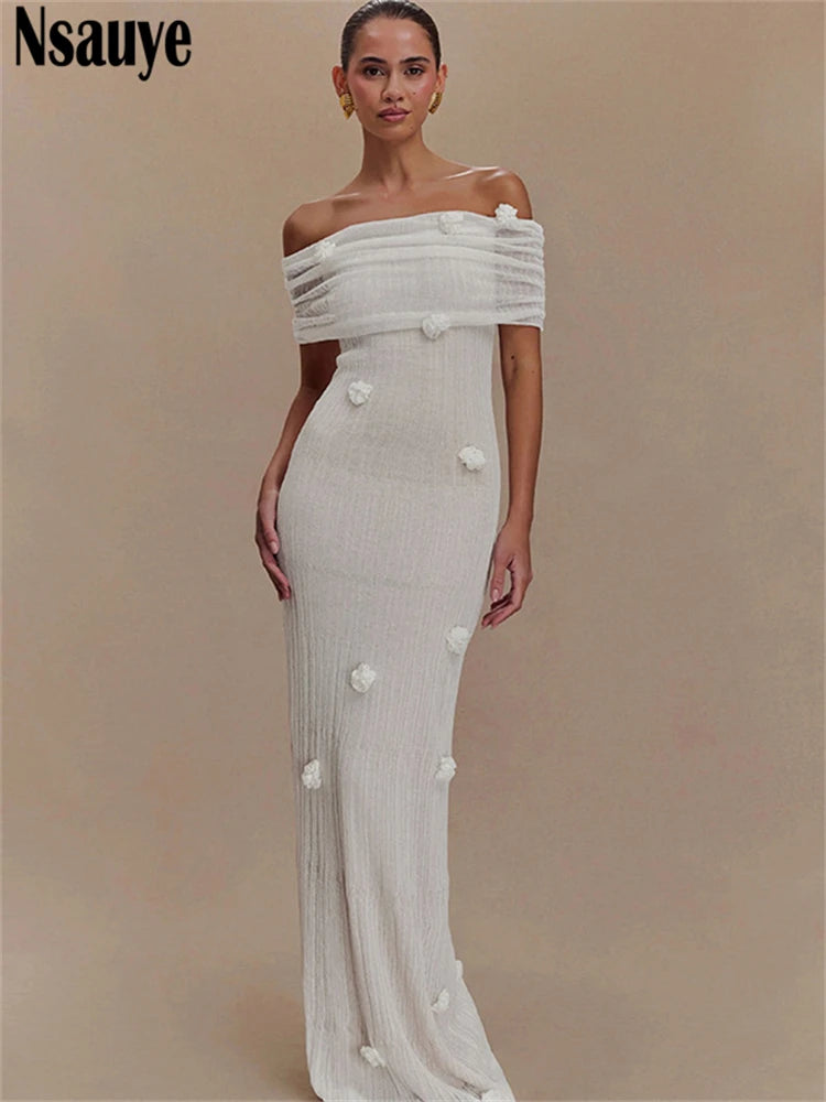 Nsauye Women Chic Elegant Sexy Ribber Knitted Party Night Club Dress Off Shoulder Flowers Summer New Fashion Wrap Dress 2025