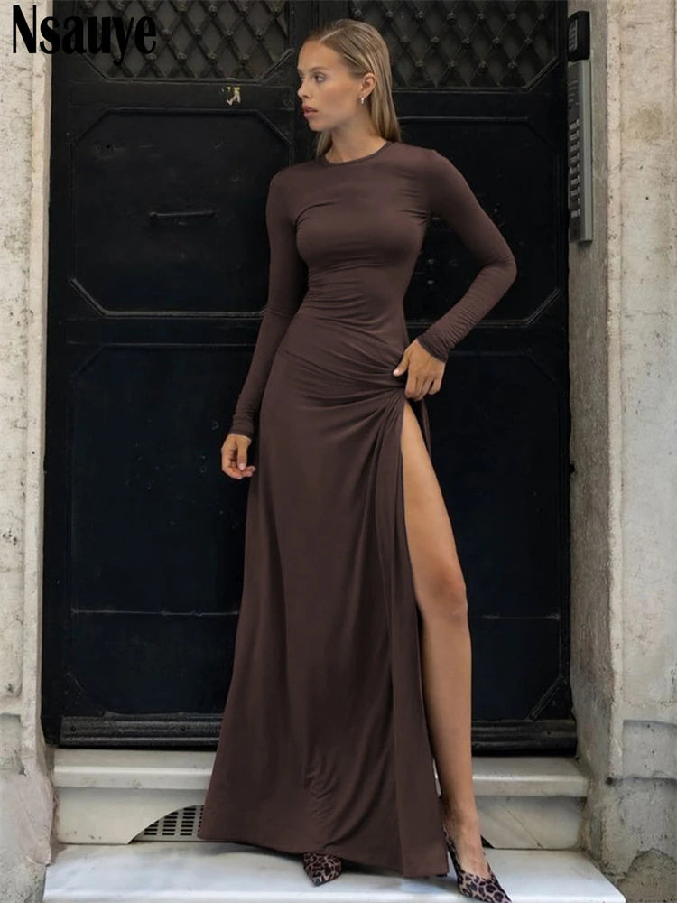 Nsauye Casual High Split Ruched Women Fashion Autumn Brown Maxi Dress Long Sleeve Holiday Evening Party Dress Night Club 2024