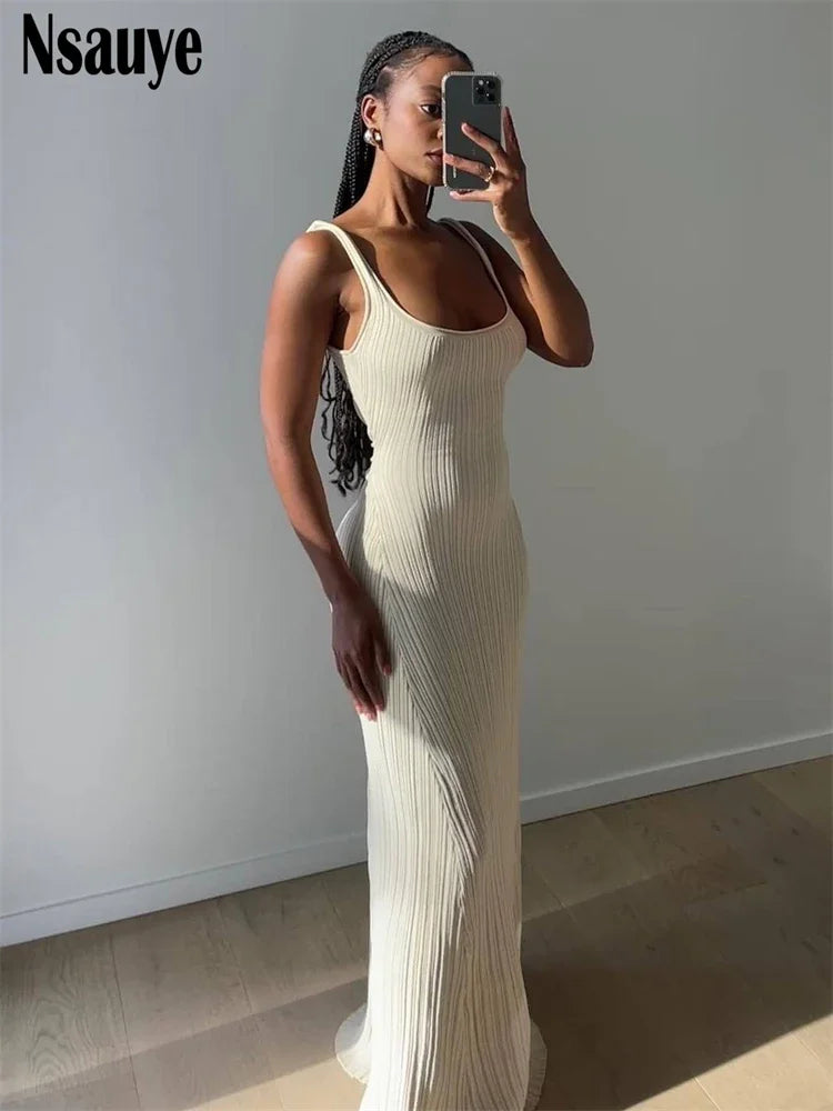 Nsauye Knitted Elegant Women Sexy Backless Beach Dress Club Party Night 2024 Spring Summer Female Backless Vacation Long Dresses