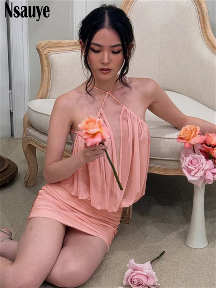 Nsauye Women Sleeveless Backless Pleated Pink Sexy Mesh Mini Bodycon Dress 2025 Summer Backless Bandage Evening Party Dresses