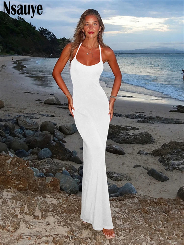 Nsauye Summer Ladies Clothes Fashion Elegant Evening Dress Sexy Women Lace Up Long Halter Beach Night Club Wrap Party Dress 2025