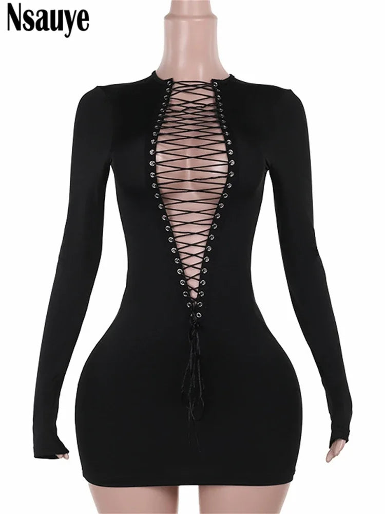 Nsauye 2024 Winter Sexy Skinny Hollow Out Y2K Black Streetwear Fashion Mini Dress Club Party Bodycon Gothic Women Dress 2024