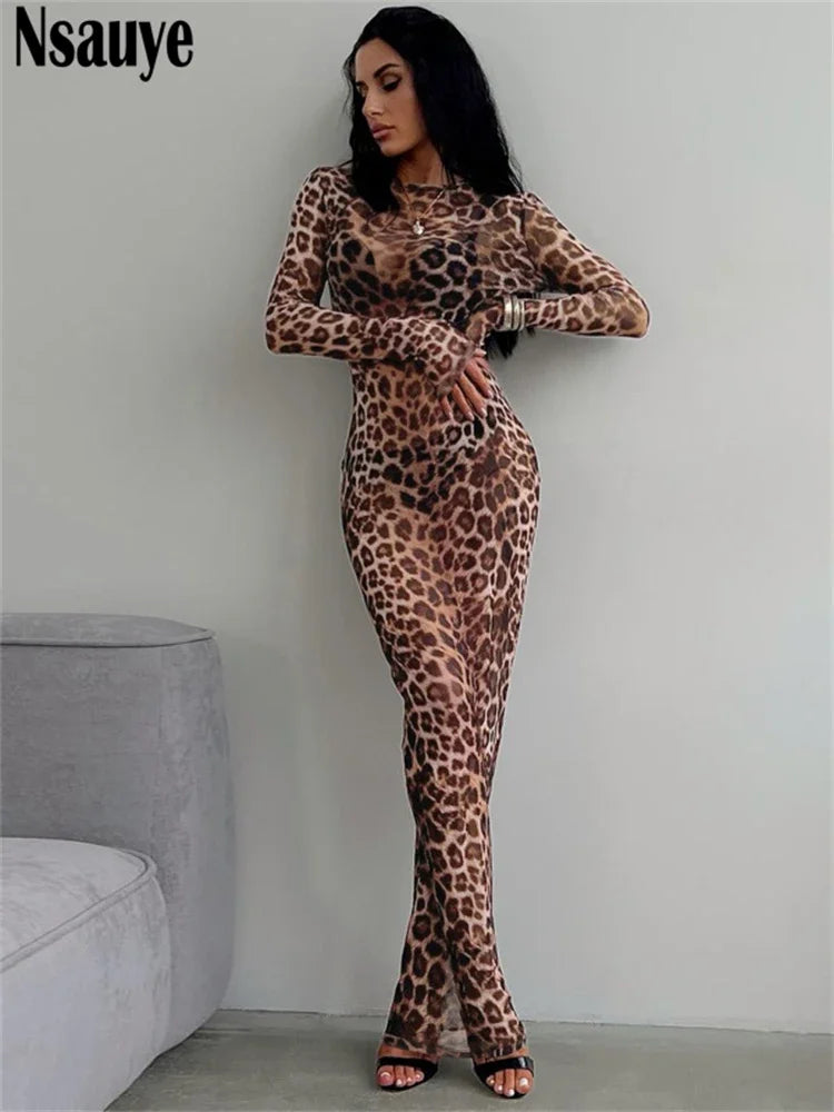 Nsauye Sexy Evening Backless Leopard Print Y2K Long Sleeve Mesh Bodycon Clubwear Party Dress For Women Summer 2024 Chic Fashion