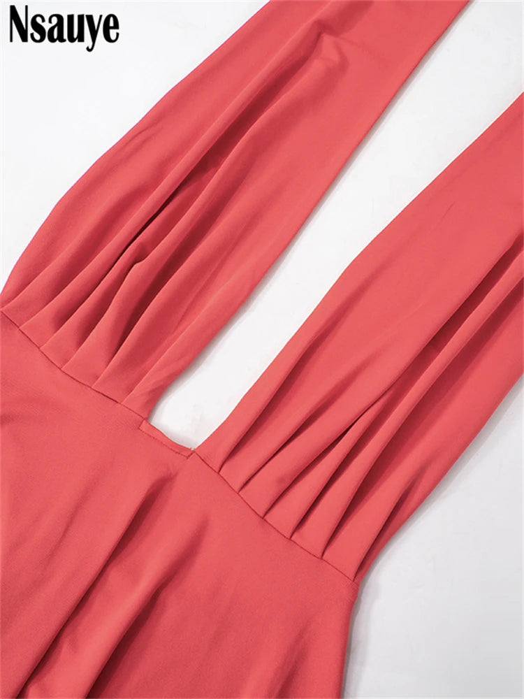 Nsauye 2025 Spring New Sleeveless Halter Slim Mini Dress Women Outfit Vintage Elegant Ladies Low Cut Solid Fashion Party Dresses