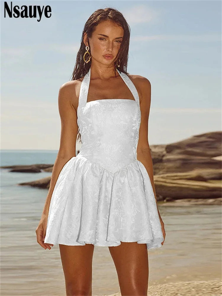Nsauye New Elegant Party Short Sexy Night Club Birthday Evening High Waisted Dress A-Line Mini Halter Women Beach Dress 2025