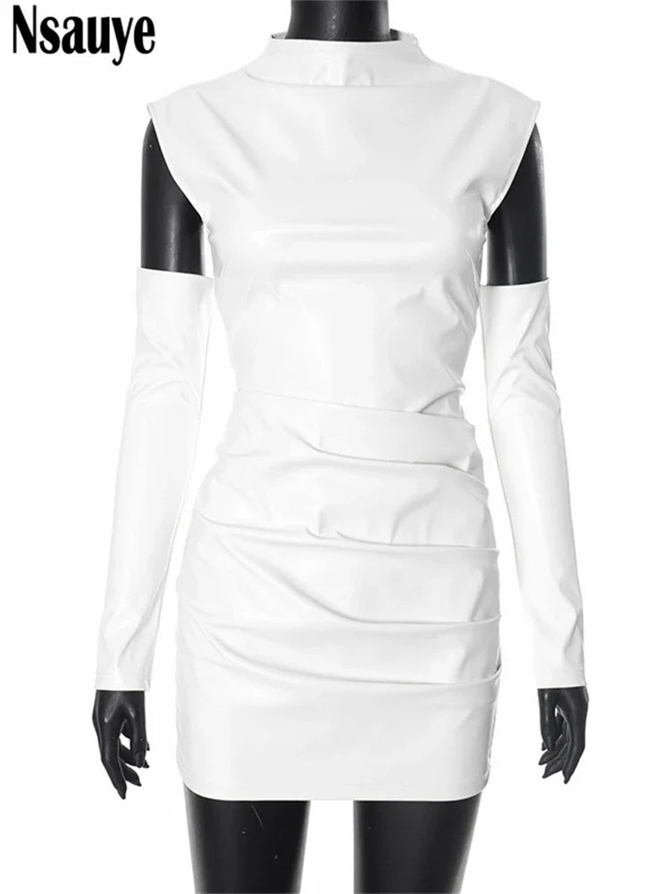 Nsauye Women New Fashion Elegant Mini Bodycon Long Sleeve Short Sexy Club Dress White 2024 PU Leather Mini Evening Party Dresses