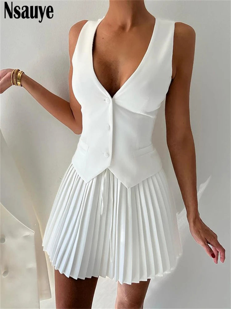Nsauye Women Sexy Sleeveless Party Club Blazer Vest Tops And Mini Elegant Pleated Skirt Fashion Dress Summer Two Piece Set 2024