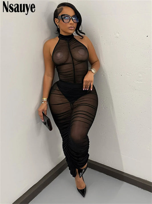 Nsauye Summer 2025 Fashion High Waisted Sexy Club Bodysuit Tops Ruched Long Dress Skirt New In Matching Two Piece Set Outfits