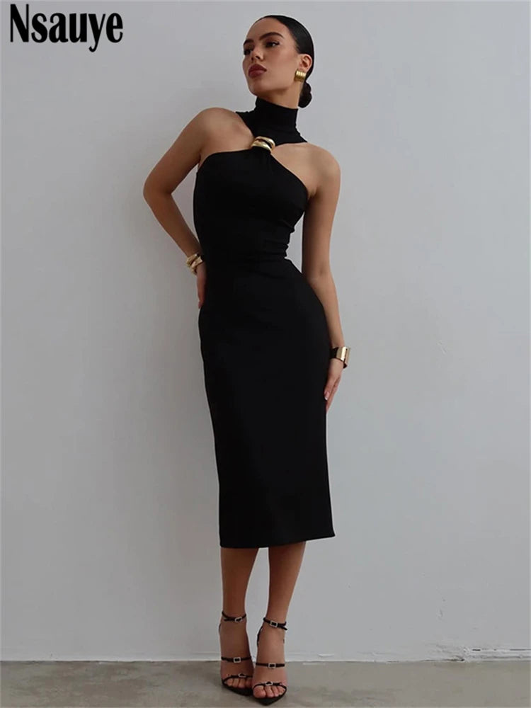 Nsauye Women Sexy Evening Party Fashion Elegant Night Club Black Halter Dress 2025 Summer Off Shoulder Bodycon Midi Dress Outfit