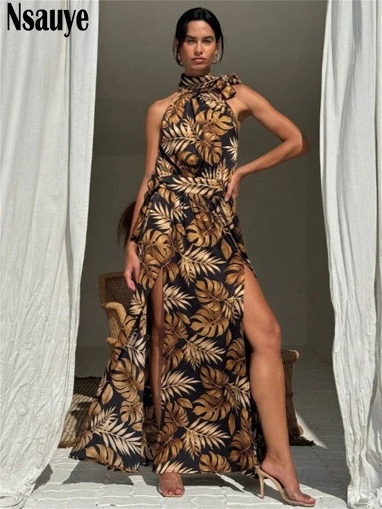 Nsauye Sexy Women Halter Backless Vintage Flowers Leaf Printed Dress 2025 Casual Holiday Summer Beach Sexy Party Long Club Dress