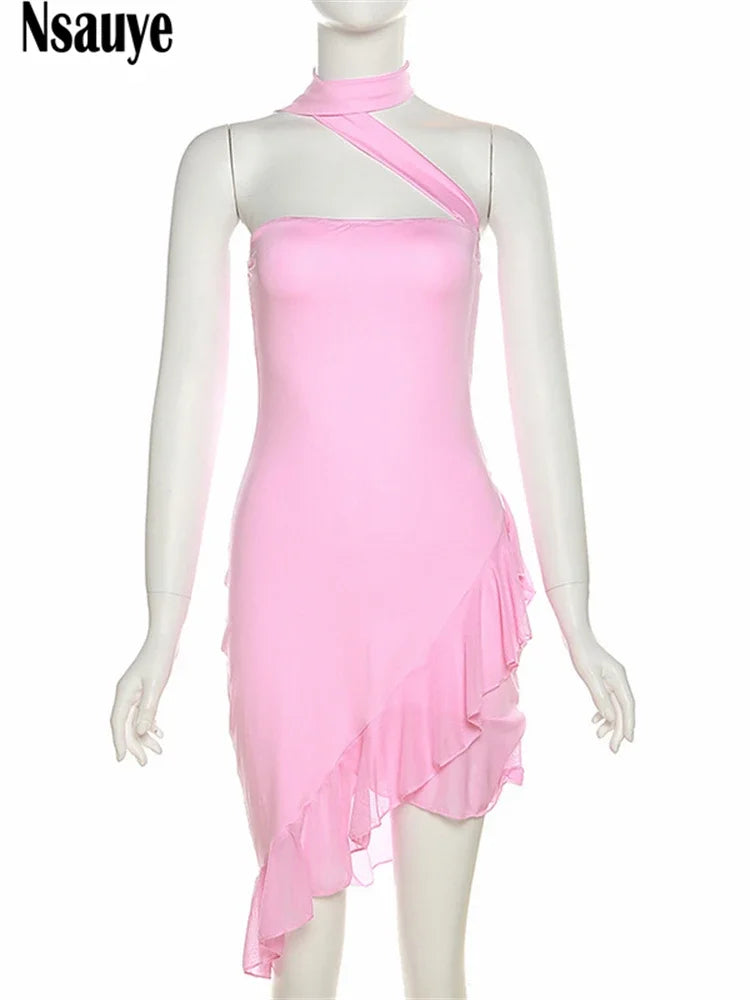 Nsauye Club Summer Dresses For Women 2023 Halter Sexy Party Fashion Mini Short Sleeveless Dress Ruffles Casual Beach Outfits