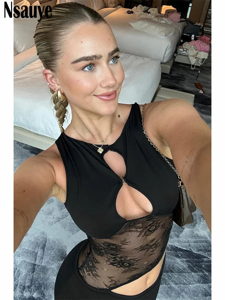 Nsauye Women Winter Clothes Pullover Sleeveless Low Cut Out Mesh Fashion Elegant Long Warp Dress Sexy Evening Party Club Dresses