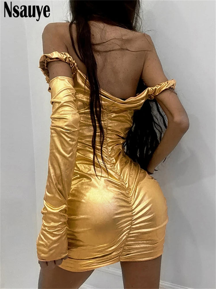 Nsauye V Neck Summer Women Sexy Ruched High Waisted Short Dress 2025 Ladies Fashion Evening Party Night Club Dress With Gloves