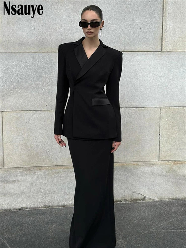 Nsauye Chic Fashion Elegant Women Long Sleeve Blazer Jacket Tops Long Wrap Sexy Party Night Club Skirt Dress Two Piece Set 2024
