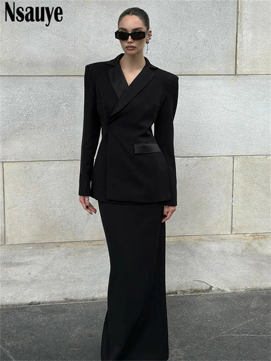 Nsauye Chic Fashion Elegant Women Long Sleeve Blazer Jacket Tops Long Wrap Sexy Party Night Club Skirt Dress Two Piece Set 2024