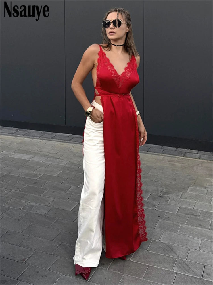 Nsauye Dress For Women Summer Elegant Backless Lace Satin Patchwork Sexy Night Club Evening High Split Party Fashion Dress 2025