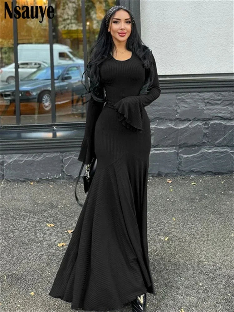 Nsauye Chic Fashion Women Long Sleeve Maxi Bodycon Ribber Knitted Elegant Dress 2024 Winter Party Night Club Casual Dress Outfit