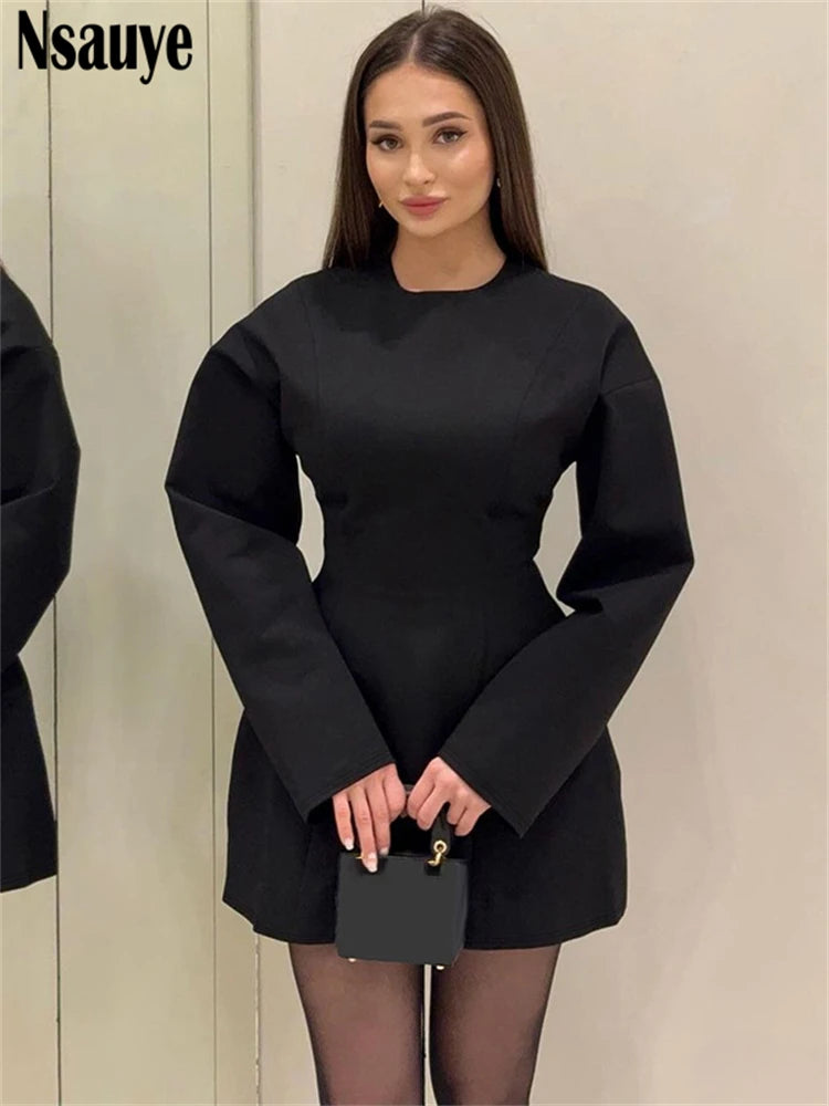 Nsauye Women Mini New Fashion Elegant Slim A-Line Dress Long Sleeve Dress High Waisted Evening Party Sexy Club Ladies Dress 2024
