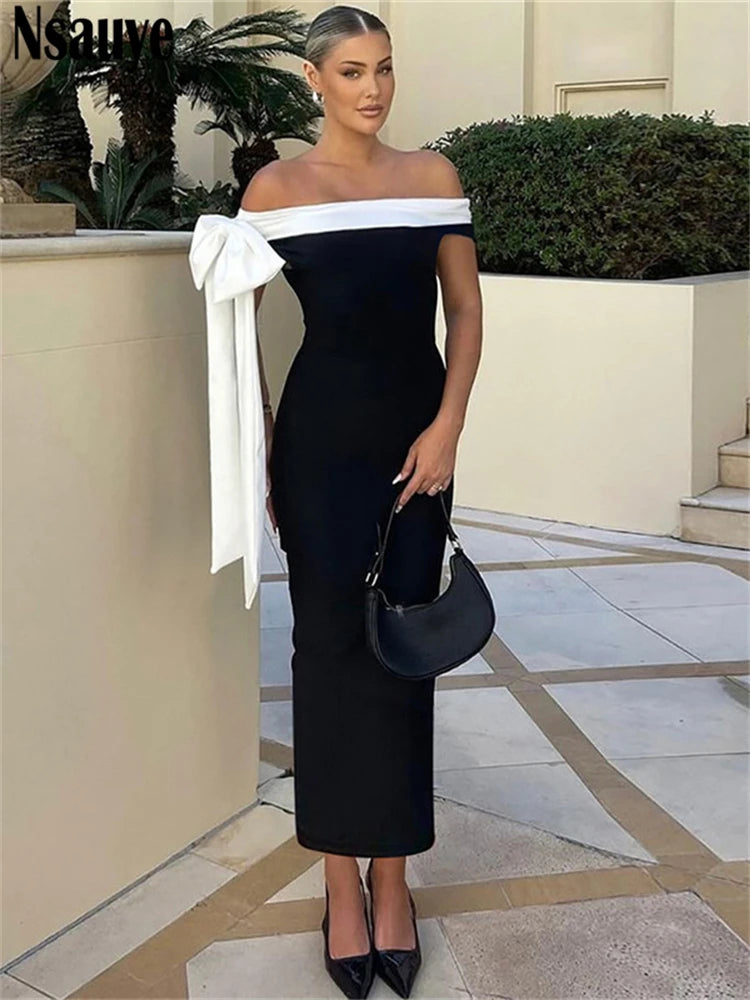 Nsauye Dress 2025 Women Party Elegant Long Sexy Night Club New Fashion Off Shoulder Lace Up Bodycon Summer Party Dress Clothes