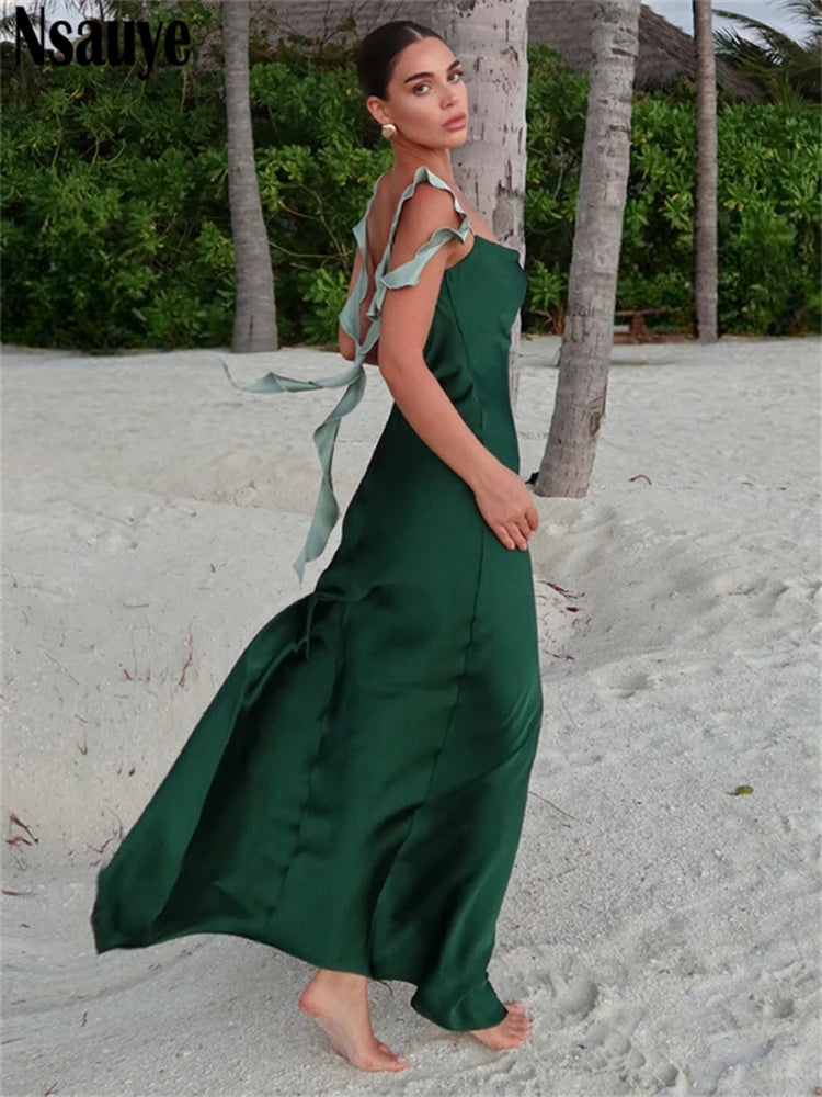 Nsauye Chic Vintage Holiday Women Sexy Long Night Club Satin Summer Dress Beach 2025 Evening Party Elegant Fashion Dress Bodycon