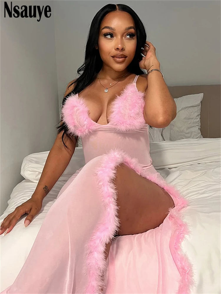 Nsauye Women Sexy V Neck Night Club Elegant Feathers Fashion Dress High Split Long Maxi Summer 2025 Mesh See Through Party Dress