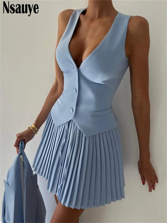 Nsauye Women Sexy Sleeveless Party Club Blazer Vest Tops And Mini Elegant Pleated Skirt Fashion Dress Summer Two Piece Set 2024