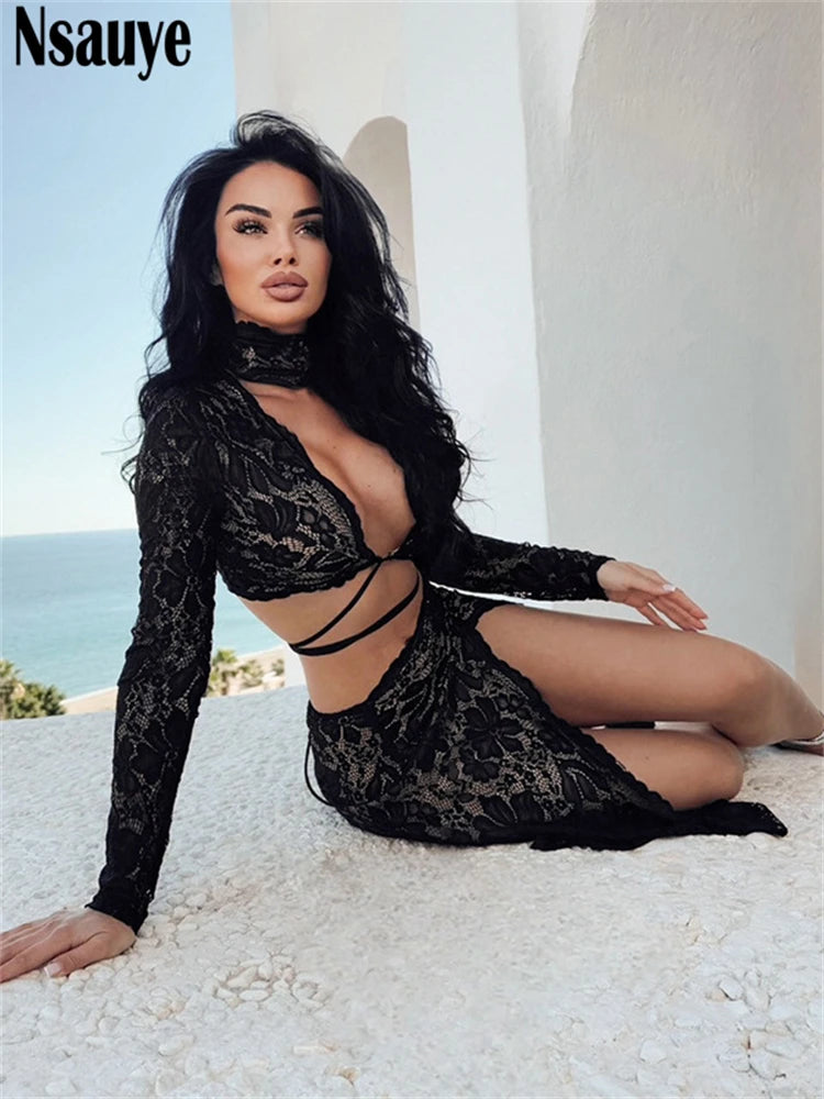 Nsauye Sexy Women Halter Club Low Cut Out Long Sleeve Tops Long Fashion High Split Party Skirt New In Matching Two Piece Set