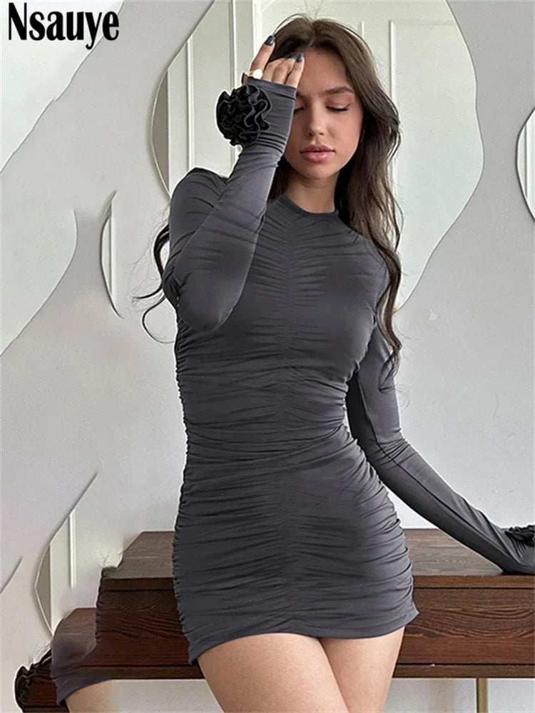 Nsauye 2024 Winter Women Long Sleeve O Neck Ruched Aesthetic Chic Flower Fashion Bodycon Winter Mini Dresses Evening Club Party
