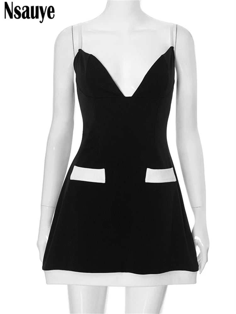 Nsauye 2024 Sleeveless Women Sexy Mini Bodycon Elegant Dress Holiday Backless Evening Party Clubwear Summer Dress V Neck 2024