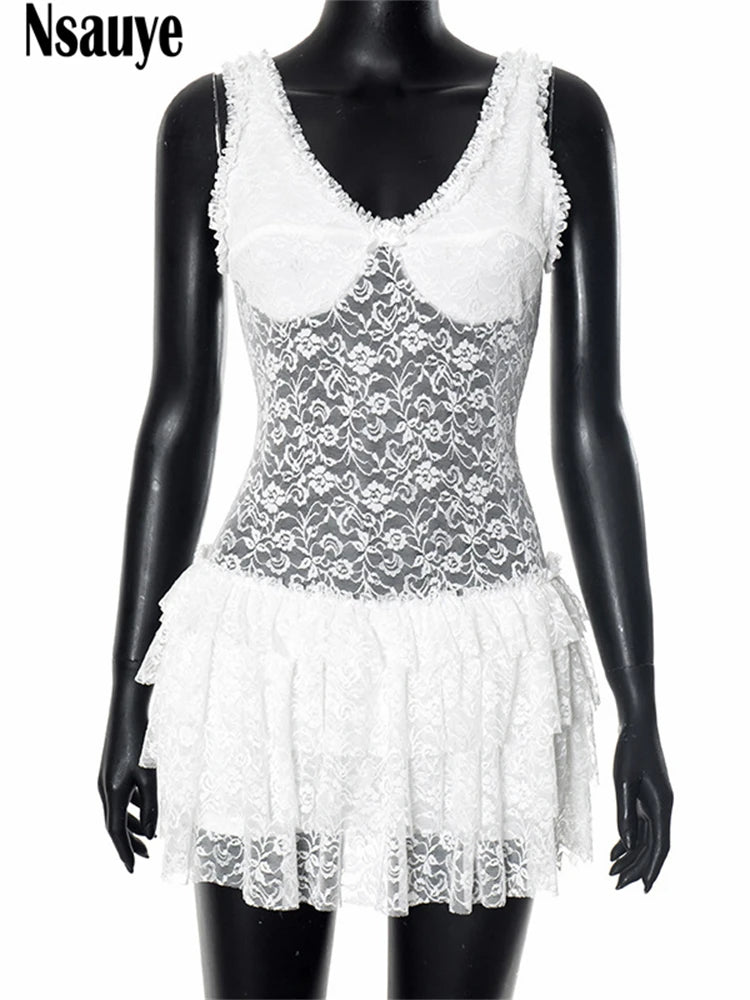 Nsauye Summer New Lace Print Mini Dress For Women Fashion White Slim Elegant Ruffles Short Dress Sleeveless Party Clothes 2025
