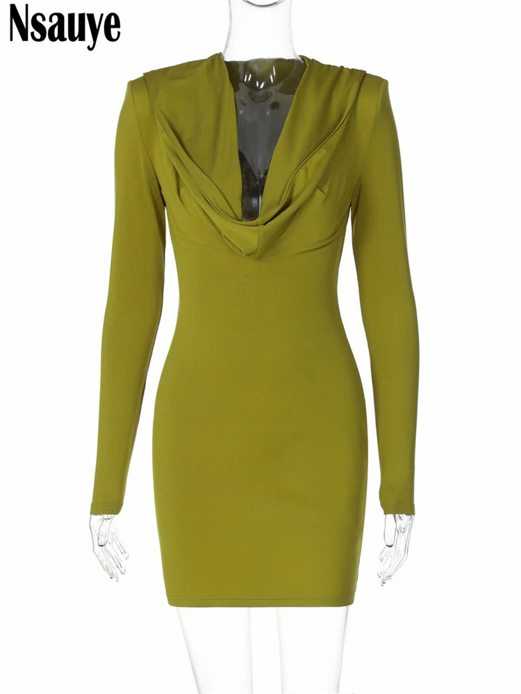 Nsauye Autumn Women Long Sleeve Mini New Fashion Elegant Dress Hoodies 2024 Sexy Evening Holiday Club Party Y2K Streetwear Dress