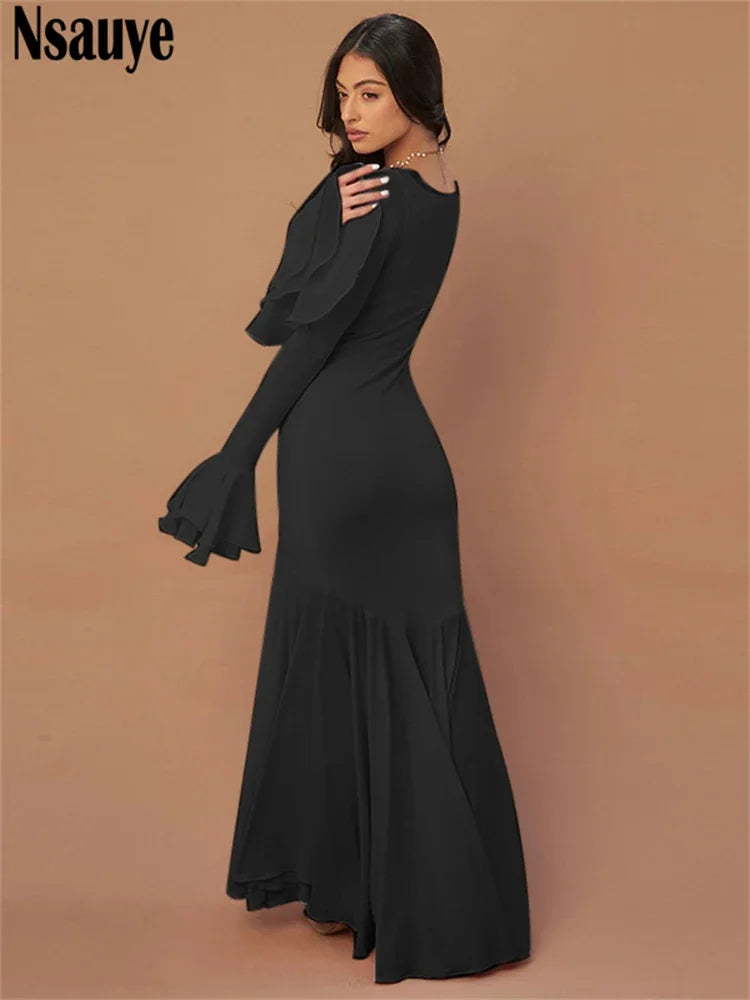 Nsauye Elegant Long Dresses Maxi Wrap Winter 2024 Women Clothing  Formal Fashion Sexy Party Long Sleeve Night Club Ruffles Dress