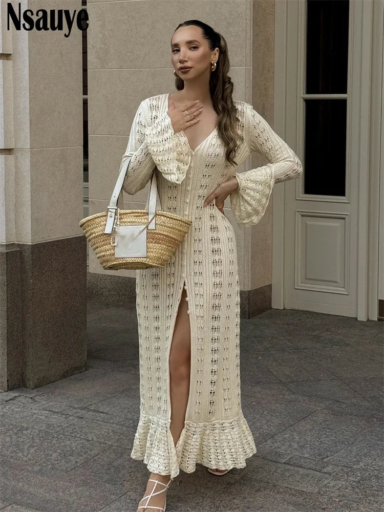 Nsauye Sexy Beach Knitted Casual Holiday Maxi Cardigans Dress Party Club Autumn Summer 2024 Fashion Hollow Out Long Sleeve Dress