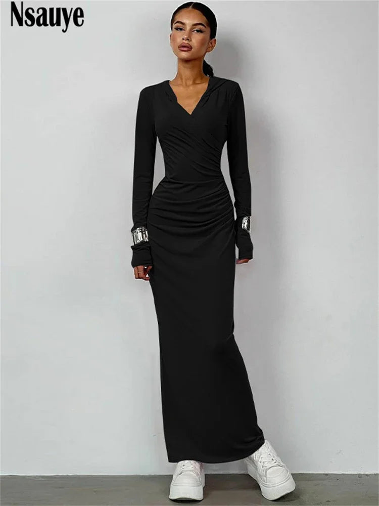 Nsauye Ladies Elegant Long Sleeve Hooded Long Dresses 2023 Winter Casual Women Slim Holiday Party Sexy Bodycon Dress Vestidos