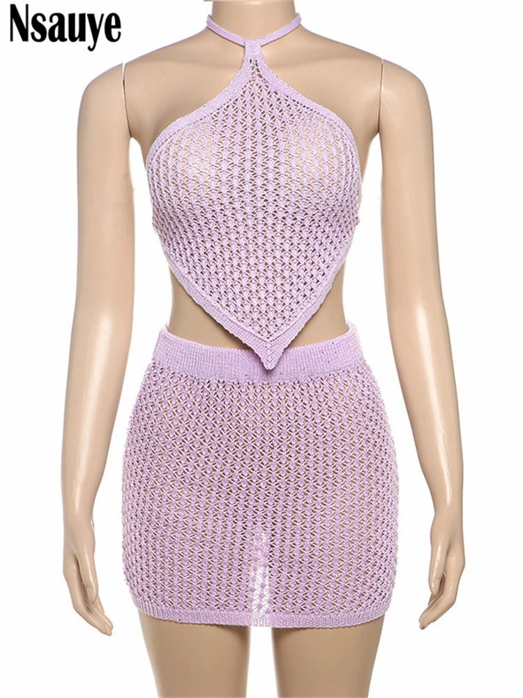 Nsauye Casual Beach Summer Holiday Women Sexy Backless Knitted Halter Crop Tops Vest Mini Hollow Out Club Skirt Two Piece Set