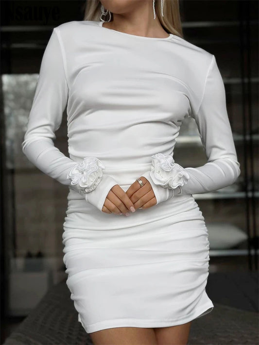 Nsauye Long Sleeve Fashion Women Party Evening Club Short Dress Wrap 2024 Autumn Elegant Ruched Flowers White Dress Sexy Outfit