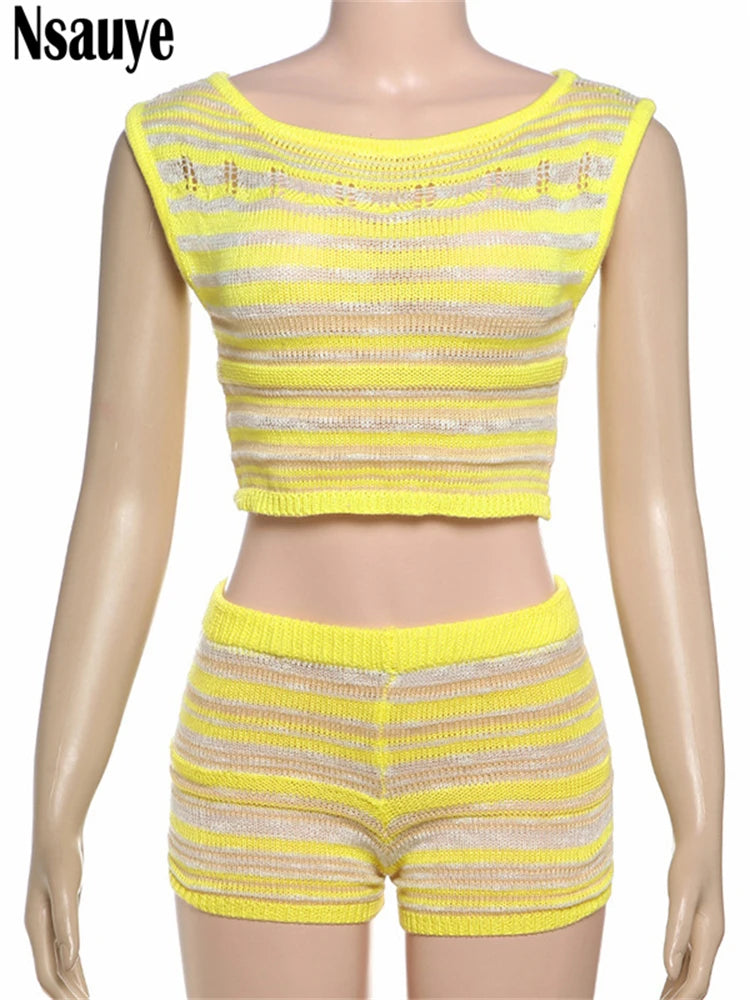 Nsauye Sexy Women Summer 2025 Hollow Out Sleeveless Y2K Vest Tops Knitted Striped Mini Casual Shorts Tracksuit Two Piece Set