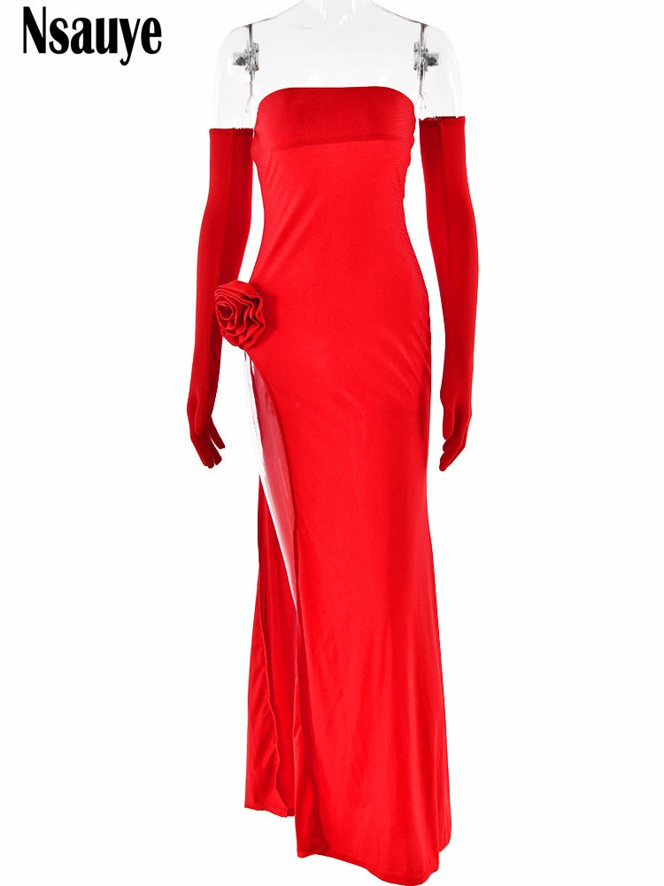 Nsauye Women Long High Split New Fashion Elegant Sexy Dress Evening Night Club Party Maxi Bodycon Summer Strapless Dress 2024