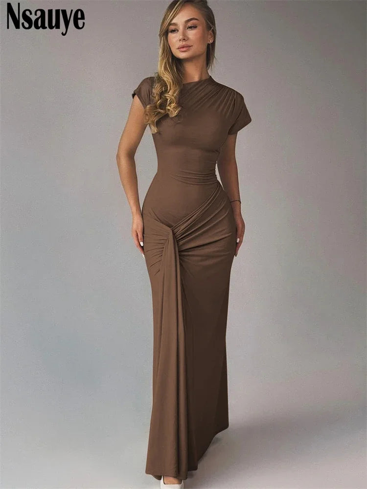 Nsauye Pullover Short Sleeve Women Long Low Waisted Fashion Casual Dress Lace Up Summer 2024 Sexy Party Club Holiday Dress Maxi