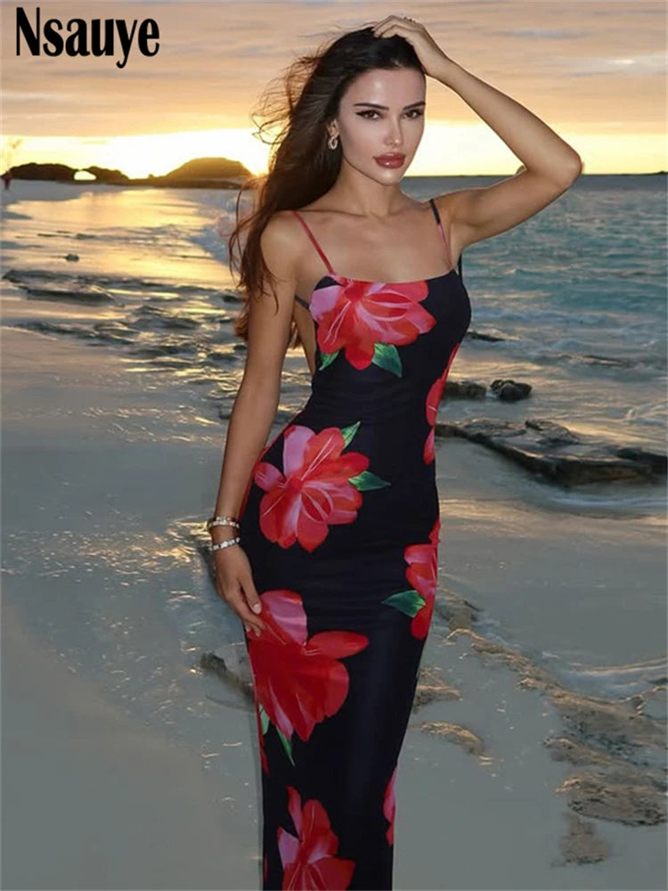 Nsauye 2025 Summer New Backless Sexy Sleeveless Spaghetti Strap Long Bodycon Dress Beach Party Club Floral Print Women Dress