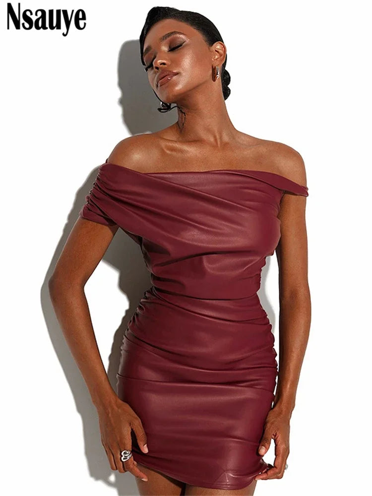 Nsauye 2025 New Fashion Sexy Mini Ruched Night Club Evening Party Dress Women's Clothing Short Sleeveless Elegant Leather Dress