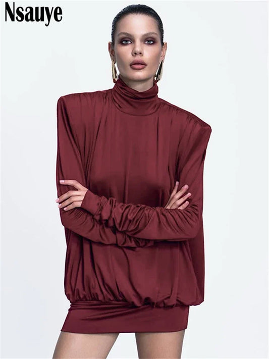 Nsauye Elegant Party Short Dress For Women Fashion Chic Long Sleeve Sexy Mini Backless Turtleneck Holiday Night Club Dress 2024